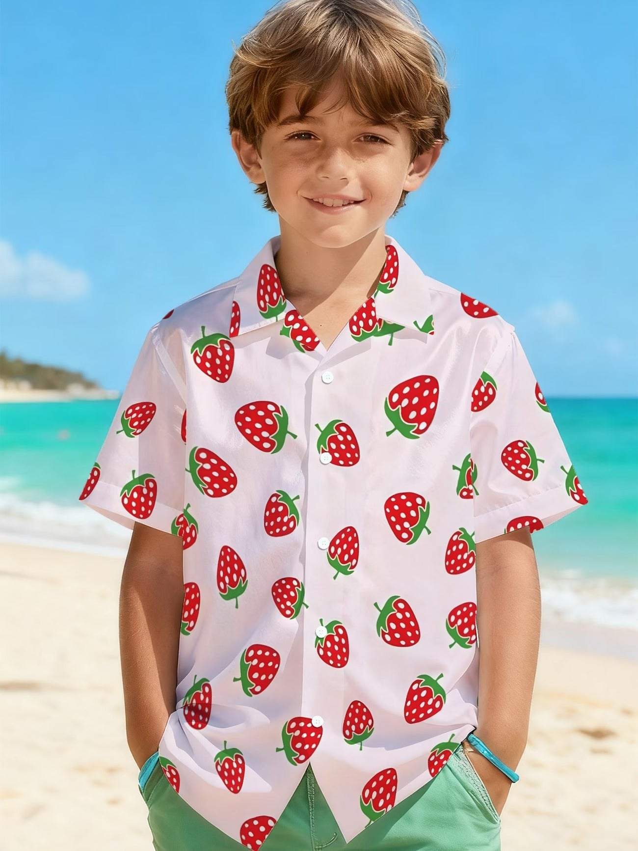 Boys’ Strawberry Print Cuban Collar Shirt – Sweet & Stylish Summer Button-Up
