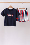 Navy flag applique gingham shorts set