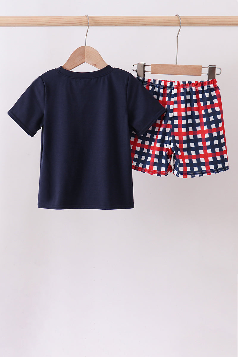 Navy flag applique gingham shorts set
