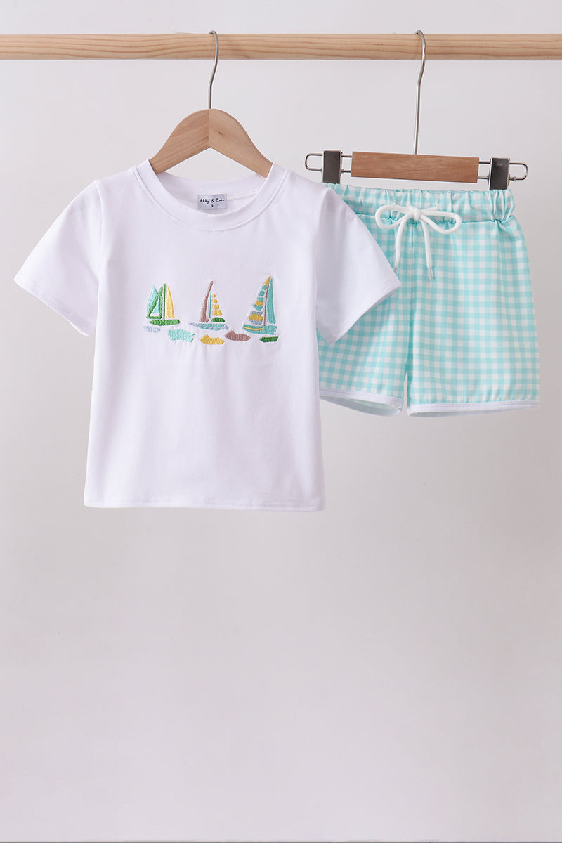 White sailboat embroidery shorts set