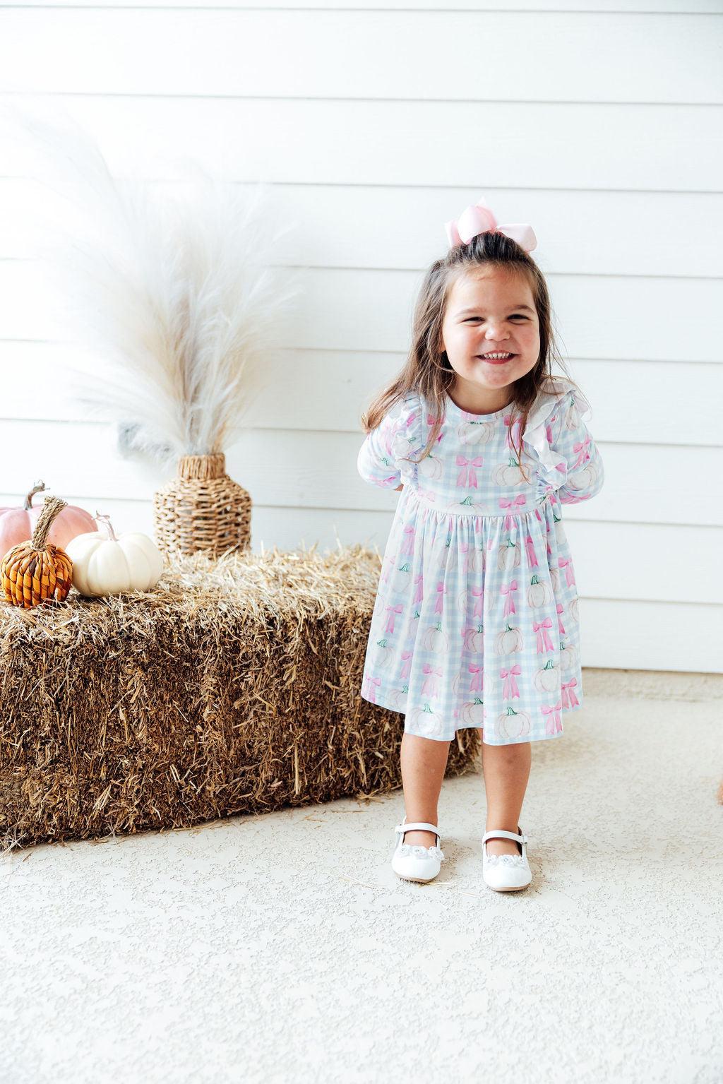 SALE Pumpkin Picnic 3/4 Sleeve Ruffle Twirl Dress