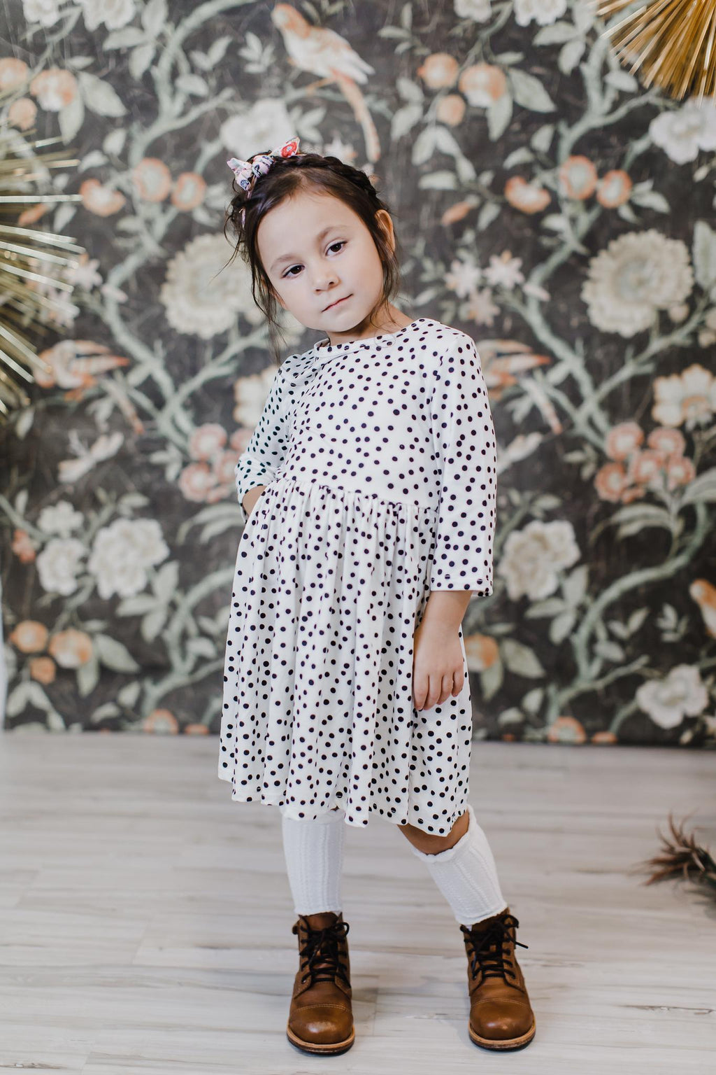 Scattered Dot 3/4 Sleeve Pocket Twirl Dress
