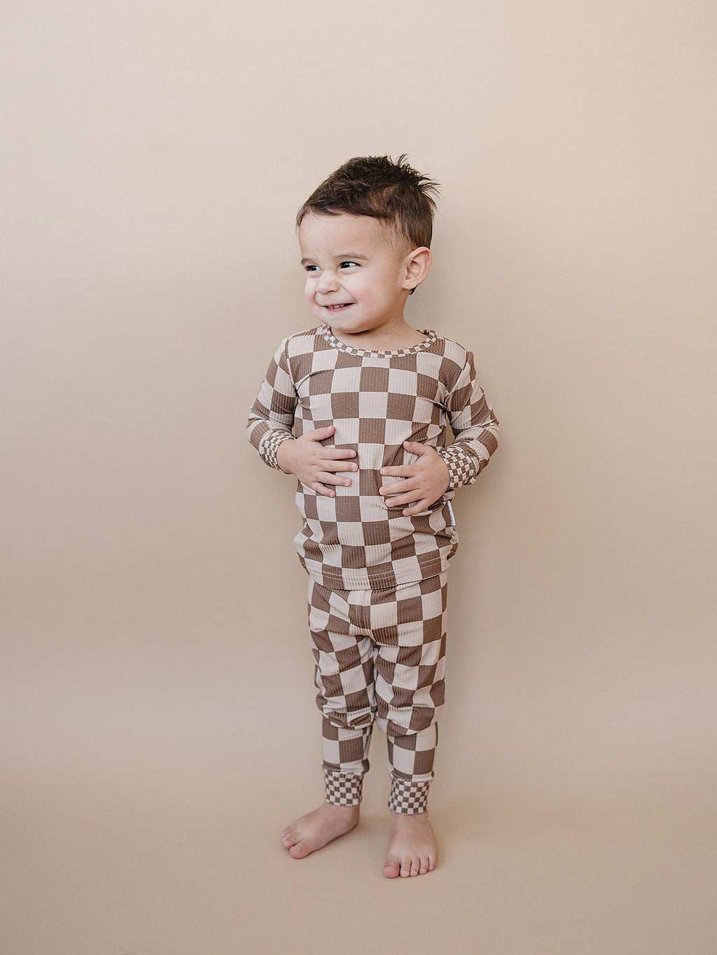 Ribbed Bamboo Two Piece Set | Latte Checkered