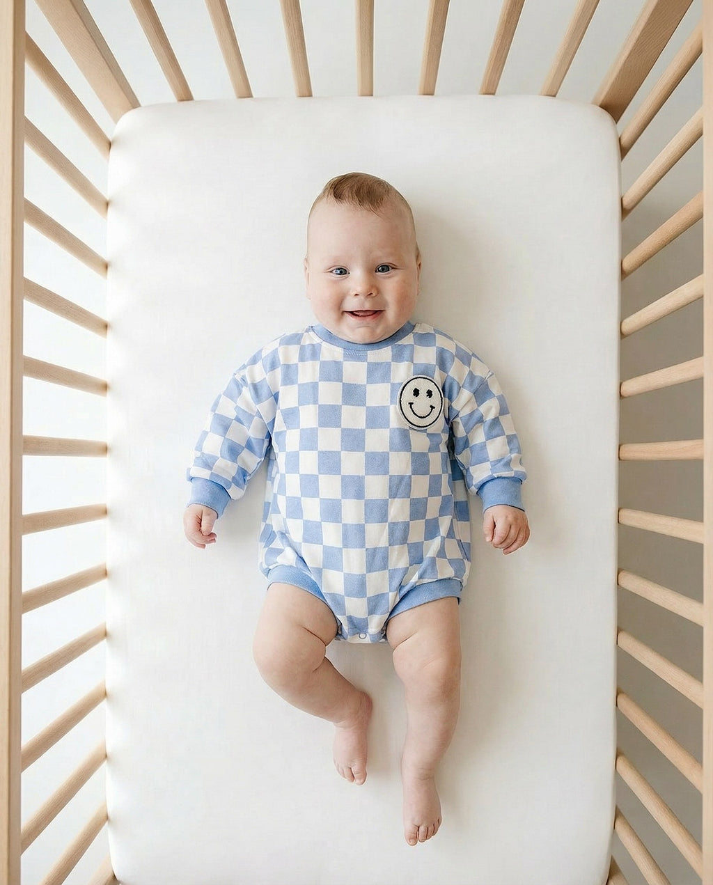 Bubble Romper | Checkered Smiley Blue